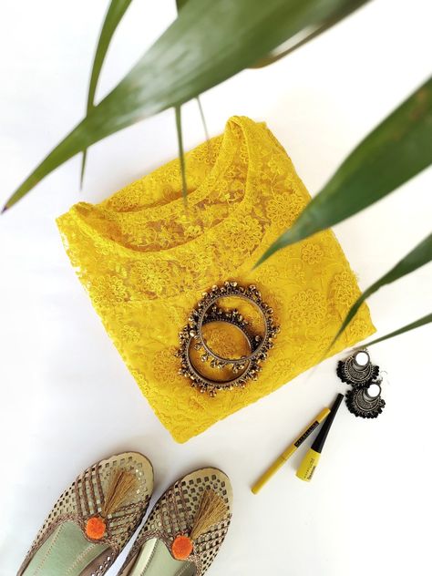 Yellow | Kurti styling | juti styling | desi accessories | flatlay Accessories Flatlay, Flat Lay Photography Clothing, Kurti Styling, Flat Lay Photography Fashion, Fashion Flatlay, Yellow Kurti, Indian Clothing Brands, Fabric Photography, Flats Outfit