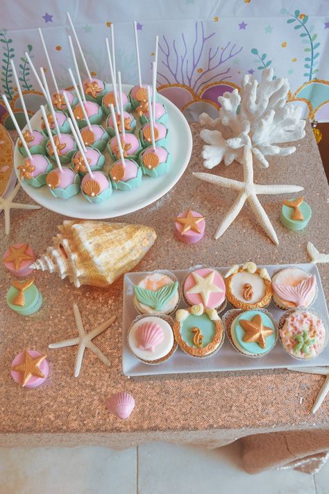 First Birthday Party Dessert Table, First Shellabration, Oneder The Sea 1st Birthday Girl, Zoo Party Food, Safari Party Foods, Moana Birthday Cake, Mermaid Pool Parties, Ocean Birthday Party, Birthday Party Desserts