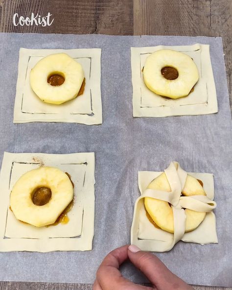 Apple Slices Rolled In Puff Pastry, Apple Slice Puff Pastry, Upside Down Dessert Puff Pastry, Pineapple Puff Pastry Recipes, Apple Blossom Recipe Puff Pastries, Sweet Puff Pastry Ideas, Apple Ring Puff Pastry, Apple Tarts With Puff Pastry, Pineapple Puff Pastry Desserts