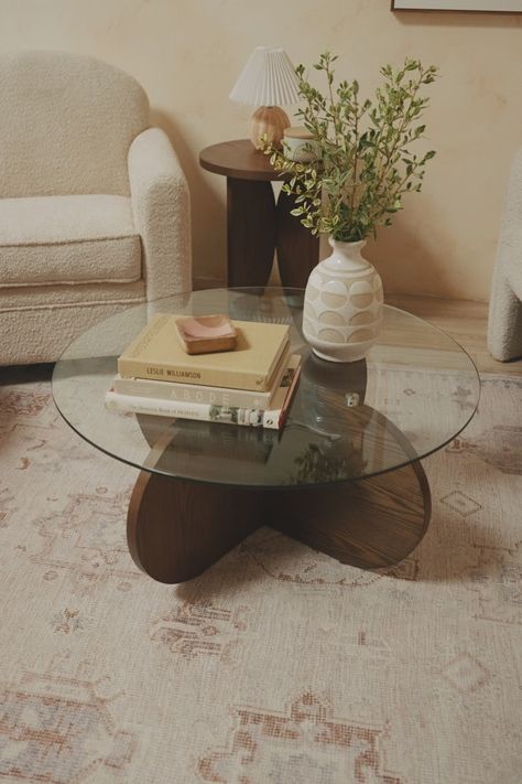 Kendall Glass Coffee Table – Cura Home Glass Small Table, Small Circle Coffee Table, Artsy Coffee Table, Small Glass Coffee Table, Circular Coffee Table Styling, Coffee Table Aesthetic Decor, Round Glass Coffee Table Styling, Coffee Table Ideas For Small Spaces, Round Coffee Table Decor Living Room