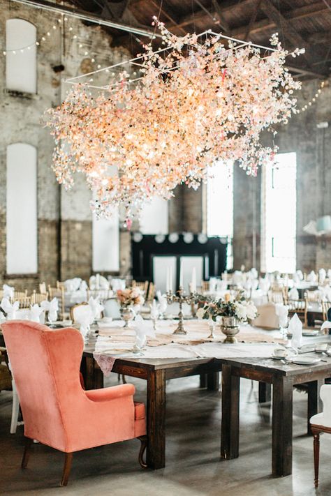 Train Station Wedding, Wedding Checklist Budget, Wedding Decors, Floral Trends, Floral Chandelier, Ceiling Installation, Elegant Dining Room, Hanging Flowers, Deco Floral