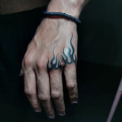 Hand Tattoos Fire, Creative Hand Tattoos For Men, Flame Knuckle Tattoo, Missing Finger Tattoo, Tiny Hand Tattoos Men, Flame Hand Tattoo Men, Cool Easy Hand Tattoos, Men Knuckle Tattoos, Easy Hand Tattoos For Guys