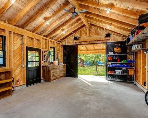 - Barn Apartment, Garage Renovation, Cool Garages, Woodworking Shop Layout, Building Remodeling, Barn Garage, Garage Remodel, Industrial Ceiling, Garage Shed