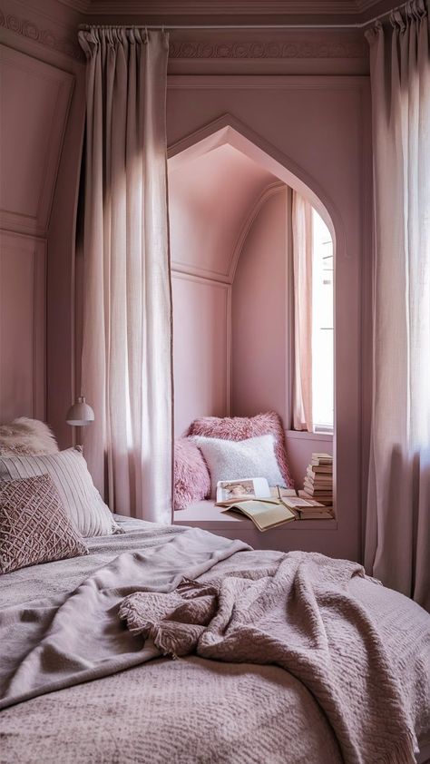 A serene bedroom with muted pink walls, complemented by light furniture and soft bedding in neutral tones, creating a peaceful retreat. Lilac Master Bedrooms Decor, Pink Limewash Bedroom, Mauve Pink Bedroom, Light Pink Bedroom Walls, Muted Pink Bedroom, Pale Pink Room, Sulking Room Pink, Light Pink Bedrooms, Pink Bedroom Walls