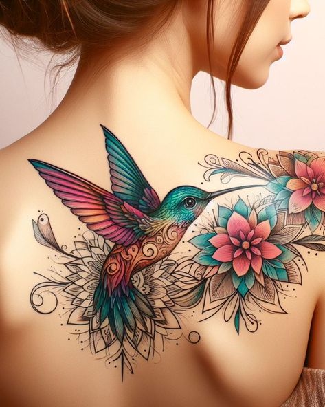 Catch the essence of pure joy and speed with hummingbird inspired tattoos on your shoulder and back. Their lively, colorful presence adds a touch of magic and a dash of resilience to your ink collection. Back Tattoo Hummingbird, Hummingbird Tattoo Side Ribs, Tattoo Of Hummingbird, Jamaican Hummingbird Tattoo, Mandala Hummingbird Tattoo, Large Shoulder Tattoos For Women, Color Shoulder Tattoo, Sunflower And Hummingbird Tattoo, Hummingbird Back Tattoo