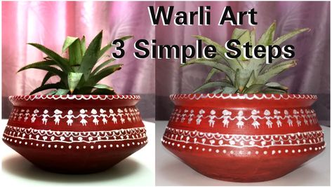 Simple warli art on earthen pot Matka Plant Pot, Handi Decoration Ideas Simple, Handi Pot Painting, Warli Art On Pots Terracotta, Earthen Pots Decoration Ideas, Varli Painting Art On Pot, Warli Art Designs On Pots, Botal Decoration, Warli Paintings On Pots