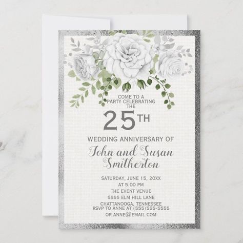 Silver White Floral 25th Wedding Anniversary Invitation Silver Anniversary Invitations, Silver Wedding Anniversary Invitations, 25th Wedding Anniversary Decorations, Anniversary Invitation Card, 25th Wedding Anniversary Invitations, Silver Wedding Theme, Wedding Anniversary Party Invitations, 25th Wedding Anniversary Party, Cars Birthday Party Decorations