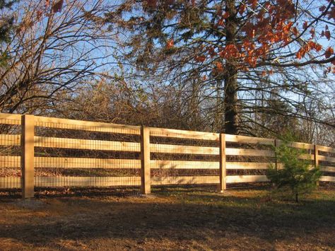 Fence Four Board Fence With Wire, 4 Board Wood Fence, Kentucky 4 Board Fence, 4 Rail Wood Fence, Board Fence Ideas, Pond Fence, Pole Fence, Post And Rail Fence, Fence Privacy