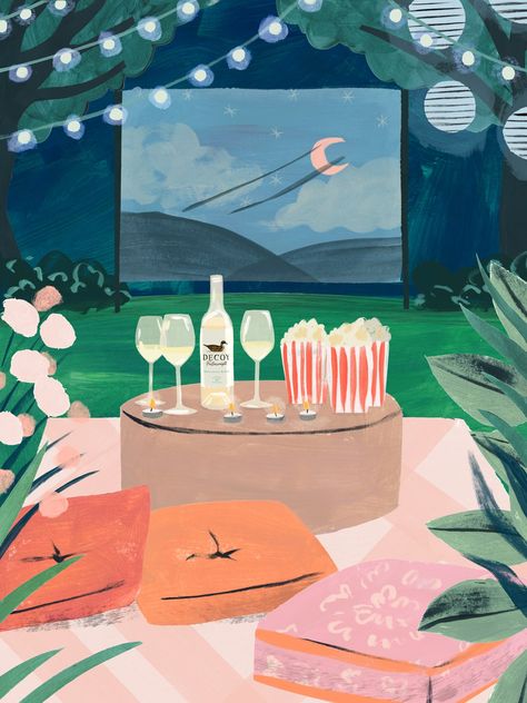 This Spring, I'm Prioritizing Low-Key Hangs | The Kitchn Movie Night Drawing, Movie Night Illustration, Night Drawing, Night Illustration, Seed Catalogs, Soil Layers, Movie Screen, Outdoor Movie, Sauvignon Blanc