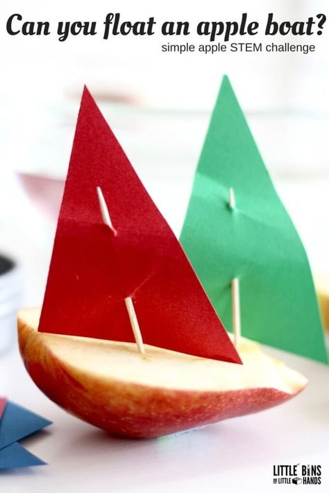 Apple boats and floating apple science activity Apple Sink Or Float, Apple Stem Activities, Apple Boats, Apple Science, Stem Activities For Kids, Kindergarten Stem, September Activities, Transportation Activities, Sink Or Float