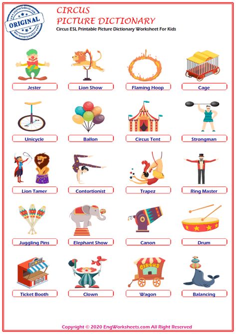 Circus ESL Vocabulary Worksheets Circus Jobs List, Circus Roles Chart, Circus Activities Preschool, Circus Activities For Kids, Circus Worksheets, Circus Activities, Thema Circus, English Worksheets For Kindergarten, Book Of Circus