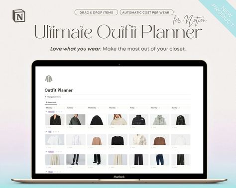 Outfit Planner Notion Template Notion Wardrobe Manager - Etsy Italy Notion Wardrobe, Clothes Packing List, Travel Outfit Planner, Capsule Wardrobe Planner, Wardrobe Planner, Template Notion, Notion Planner, Outfit Planner, Planner Review