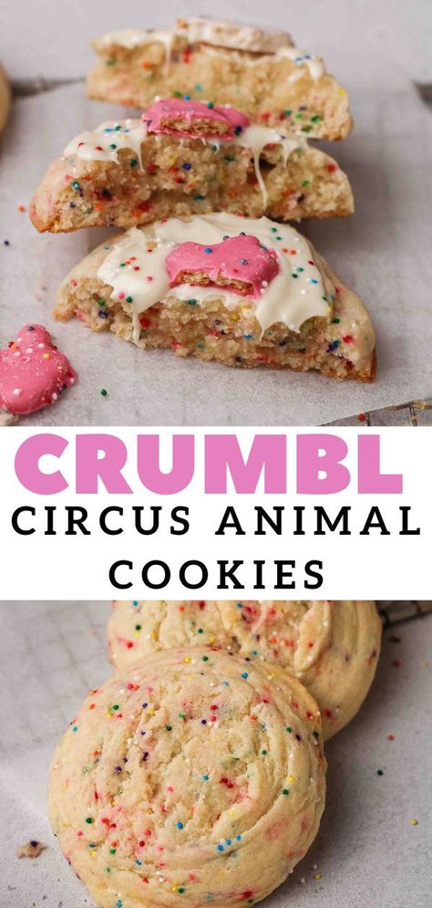 Circus Animal Crumbl Cookie, Crumble Cookie Copycat Recipe Circus Animal, Frosted Circus Animal Cookies, Crumbl Recipes, Animal Sugar Cookies, Animal Cookies Recipe, Circus Animal Cookies, Crumbl Copycat, Crumble Cookie Recipe