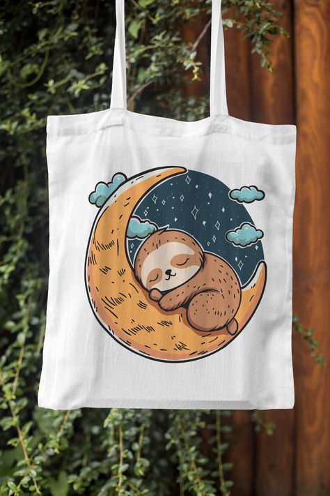 Adorable sloth sleeping on moon, a delightful and colorful design, perfect gift for loved ones! Sleeping On The Moon, Sloth Sleeping, Cute Sloth, On The Moon, Colorful Design, Sloth, Bag Sale, The Moon, Color Design