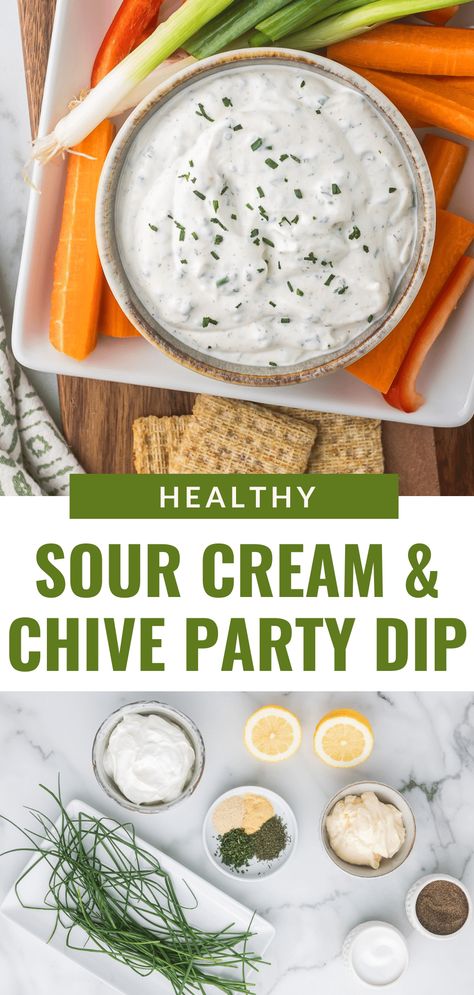 Elevate your appetizers with this sour cream and chive dip, a perfect choice for dinner parties! Rich and creamy, this dip pairs beautifully with veggies, chips, or as a spread for finger foods. Easy to make and full of fresh chive flavor, it’s an elegant addition to your party snack lineup. Sour Cream And Chive Dip, Potluck Ideas Christmas, Chive Dip Recipes, Halloween Platters, Sour Cream Chive Dip, Holiday Potluck Ideas, Appetizer Recipes Simple, Holiday Punch Recipes, Hot Taco Dip