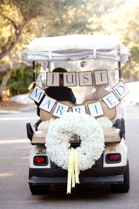 Golf Wedding Theme, Golf Cart Decorations, Golf Wedding, Wedding Exit, Wedding Transportation, Golf Event, Golf Course Wedding, Golf Theme, Mexican Wedding