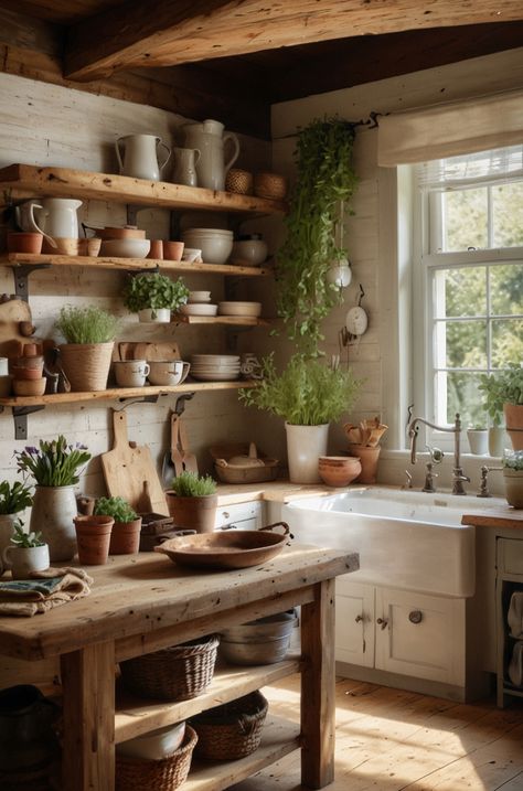 Cozy Rustic Farmhouse, Farmhouse Kitchen Rustic, Kitchen Minimal, Inviting Kitchen, Cottagecore Kitchen, Homestead Kitchen, Magical Decor, Antique Accessories, Farmhouse Designs