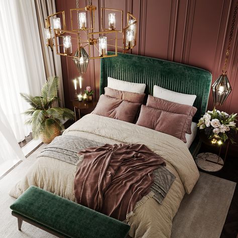 Green And Pink Velvet Bedroom, Red Gold Bedroom Ideas, Burgundy Gold Bedroom, Bedroom Inspirations Pink And Gold, Green Bedroom With Pink Accents, Mauve Room Aesthetic, Moody Green And Pink Bedroom, Vintage Glam Bedroom Decor, Teal And Burgundy Bedroom