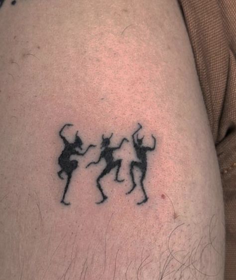 Cursed Tattoo Design, Funky Tattoos Weird, Dancing Devil Tattoo, Blasphemy Tattoo, Unsettling Tattoos, Creepy Small Tattoos, Edgy Patchwork Tattoos, Low Poly Tattoo, Stick Man Tattoo