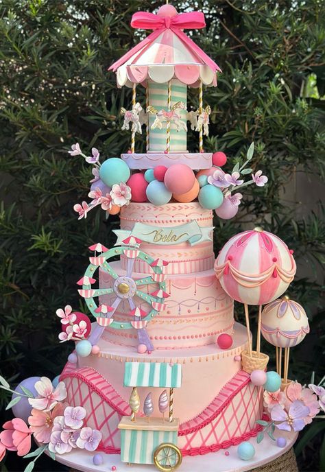 Pink Carousel Birthday Party, Christmas Tree Birthday Cake, Circus Themed Cake, Girly Birthday Cakes For Kids, All Pink Cake, Pastel Carnival Cake, Carnival Birthday Party Cake, Men Birthday Cake Ideas, Carnival Cake Ideas