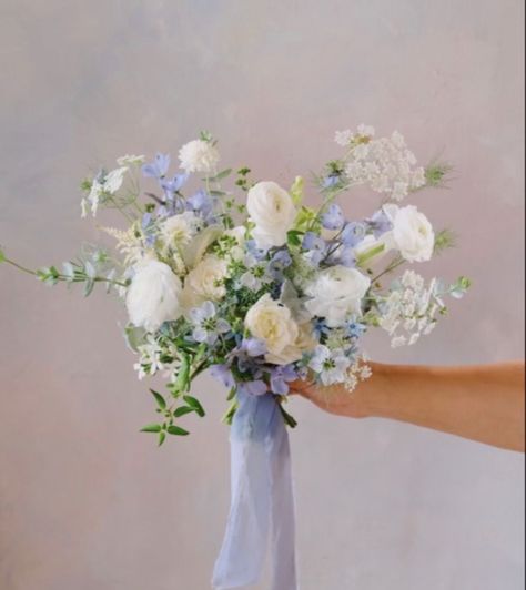 Light Blue Bouquet Wedding, Sage Green And Blue Wedding Flowers, French Blue Bouquet, Winsome Floral, Blue White Bouquet, French Blue Wedding Bouquet, Light Blue And White Flower Bouquet, Blue Flowers Wedding, White And Blue Bouquet