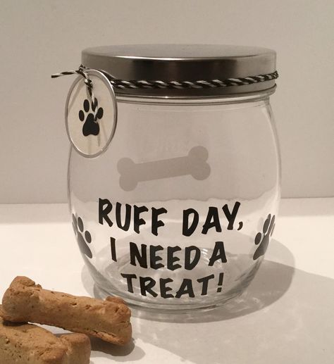 Leave your dog's treats out in this handy, great looking treat jar. This round glass canister has a twist-on shiny metal cover to keep treats fresh.Ruff Day, I Need a Treat! in vinyl on the front and comes with matching dog paw print tag attached. Back can be personalized with dogs name.Vinyl t Dog Treat Container, Puppy Obedience Training, Positive Dog Training, Dog Treat Jar, Dogs Name, Treat Jar, Diy Dog Treats, Best Dog Training, Biscuit Jar