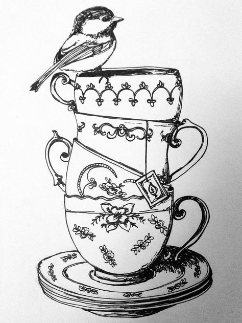 Teacup Tattoo, Images Noêl Vintages, Tea Cup Art, Cup Art, Vintage Teacups, Digi Stamps, Digital Stamps, Colouring Pages, Adult Coloring Pages