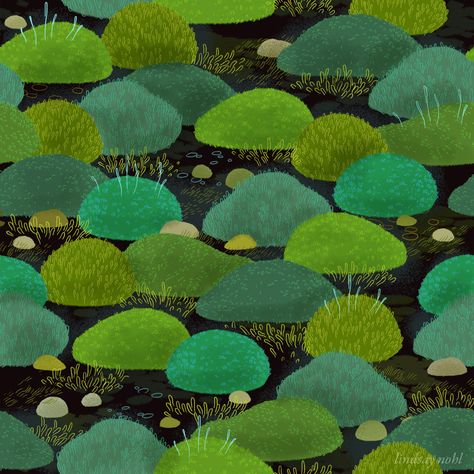 Moss pattern by Lindsay Nohl | 101 Florals. A collaborative pattern project by Lindsay Nohl & Llew Mejia Moss Illustration Botanical Prints, Moss Illustration, Nature Illustrations, Naive Illustration, Graphic Arts Illustration, Type Illustration, Children's Illustration, Grey Art, Fairy Book