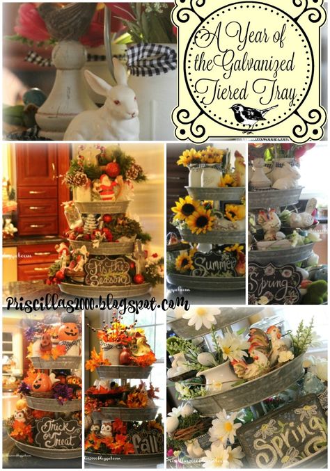 Good morning!  If you read my blog regularly ...you know the galvanized tiered tray in my kichen is one of my favorite things to decora... Galvanized Tiered Tray, Metal Pictures, Winter Tray, Three Tier Tray, Galvanized Decor, Galvanized Tray, Tiered Tray Diy, Christmas Tray, Tray Styling