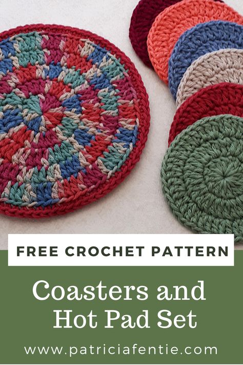 Get two FREE crochet patterns in one! Learn how to crochet a set of coasters in this beginner-friendly pattern and then carry on to create a lovely hot pad using the same stitches as the coasters. This hot pad and coaster set would make a perfect hostess gift, shower gift, Christmas gift, or as a project to sell on Etsy or at craft shows. It crochets up very quickly too! Check it out :) Pot Mat Hot Pads, Handmade Trivets Hot Pads, Hot Mats Pot Holders, Crochet Pot Coaster, Crochet Trivet Free Pattern Easy, Easy Crochet Hot Pads, Crocheted Trivets Hot Pads, Crochet Pot Holders Free Pattern Easy Hot Pads, Free Crochet Trivet Patterns