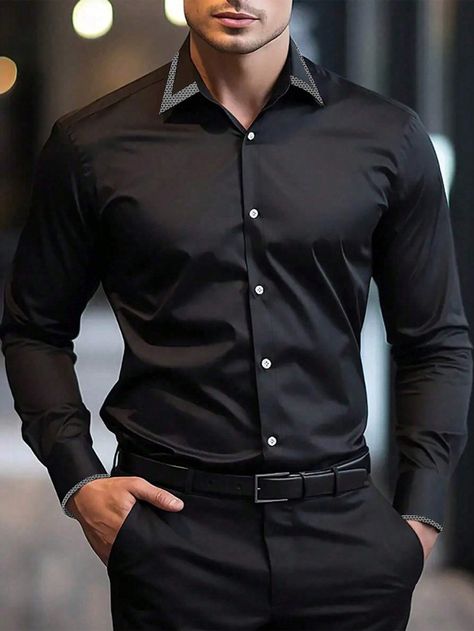 Plus Size Solid Color Button-Up Casual Long Sleeve Shirt Black Work  Long Sleeve Fabric Plain Shirt Non-Stretch  Men Plus Size Clothing, size features are:Bust: ,Length: ,Sleeve Length: Black Shirt With Suspenders Men, Black Shirt Groomsmen, All Black Cowboy Outfit For Men, Black Dress Shirt Outfit Men, Men In Black Shirt, Black And White Outfits Men, Mens Semi Formal Wear, All Black Business Casual Outfits, Black Shirt Outfit Men