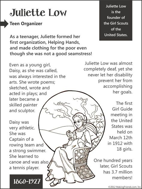 Girl Scout Coloring Sheets | Juliette Low Biography and Coloring Page Scouting Activities, Girl Scouts History, Juliette Gordon Low, Girl Scout Meeting Ideas, Daisy Ideas, Brownie Ideas, Girl Scout Troop Leader, Daisy Troop, Brownie Scouts