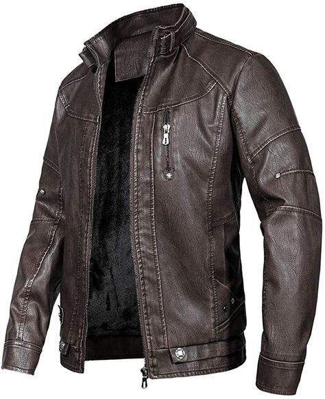 WULFUL Men's Vintage Stand Collar Leather Jacket Motorcycle PU Faux Leather Outwear at Amazon Men’s Clothing store Vintage Stand, Mens Leather Coats, Casual Leather Jacket, Collar Leather Jacket, Pu Jacket, Leather Jacket With Hood, Winter Outwear, Faux Leather Biker Jacket, Leather Jacket Style