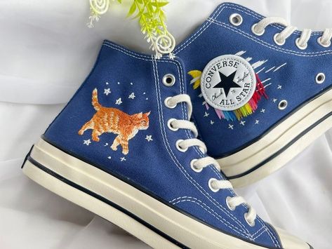 Embroidered Converse/Converse Pet/Custom Orange Cat/Bridal Converse/Flower Converse/Planet Embroidery/Customized Converse Embroidery Shoes Diy, Planet Embroidery, Flower Converse, Customized Converse, Colorful Flower Garden, Converse Embroidery, Embroidered Vans, Bridal Converse, Painted Converse