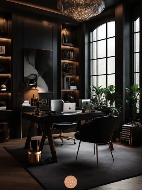 decor de home office em preto Elegant Home Office Ideas For Women, Classy Home Office, Home Office Feminine, Feminine Home Office Classy, Ideas For Small Home, Home Office Inspo, Classy Desk, Feminine Home Office, Feminine Home Office Ideas