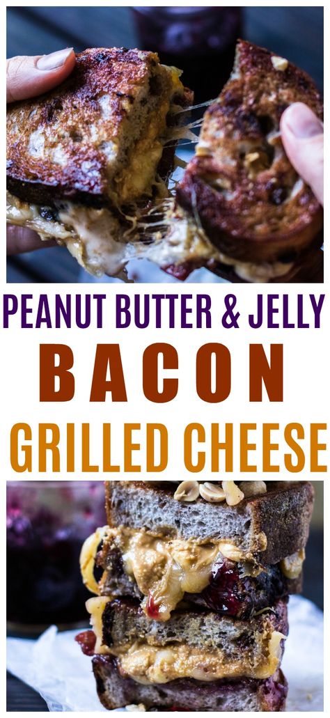 peanut butter and jelly grilled cheese with bacon via @wereparents THE ULTIMATE GRILLED PEANUT BUTTER AND JELLY SANDWICH WILL BLOW YOUR MIND.  COMBINING THE TRADITIONAL PEANUT BUTTER AND JELLY SANDWICH WITH GRILLED CHEESE USING PERFECTLY MELTING GOUDA CHEESE AND ADDING IN BACON FOR THE ULTIMATE DECADENT PEANUT BUTTER AND JELLY SANDWICH. Peanut Butter Jelly Recipes, Peanut Butter And Jelly Sandwich, Peanut Butter Jelly Time, Bacon Grilled Cheese, Gourmet Grilled Cheese, Jelly Sandwich, Bacon Sandwich, Gourmet Sandwiches, Peanut Butter Sandwich