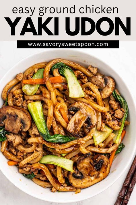 Yaki udon with ground chicken and veggies is a quick and delicious stir-fried noodle dish featuring tender udon noodles, savory ground chicken, and fresh vegetables, ready in just 20 minutes! Yaki Udon Chicken, Ground Chicken Noodles, Chicken Yaki Udon, Chicken Udon Noodles, Chicken Yakisoba, Chicken Udon, Udon Stir Fry, Udon Noodles Recipe, Turkey Stir Fry