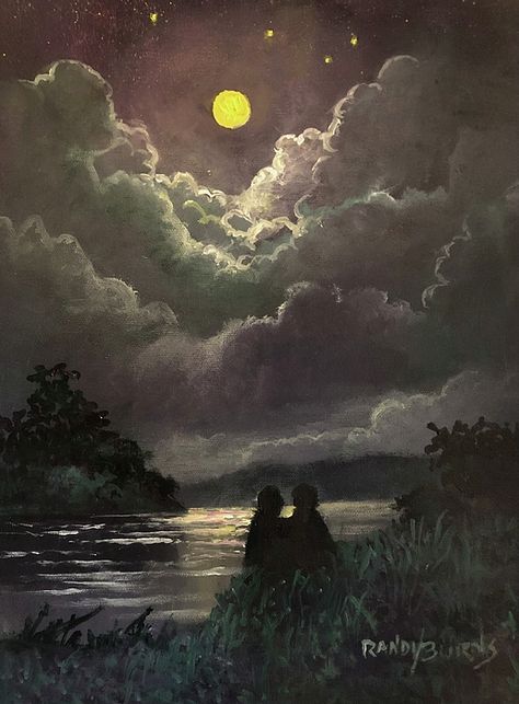 Lovers Night Aesthetic, Moonlight Art Illustration, Night Sky With Clouds Painting, Night Clouds Painting, Moon Sky Painting, Day Dreaming Art, Nighttime Paintings, Night Painting Moonlight, Night Time Paintings