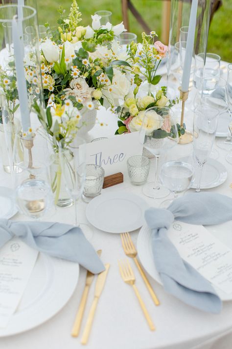 Alli and Cam – hana floral design weddings and events Dusty Blue Wedding Centrepiece, Pale Blue Wedding Centerpieces, White Tablecloth Blue Napkins Wedding, Light Blue Tablescape, Light Blue Wedding Table Decor, Light Blue Wedding Table, Blue Napkins Wedding, Coastal Tablescapes, Gold And Blue Wedding