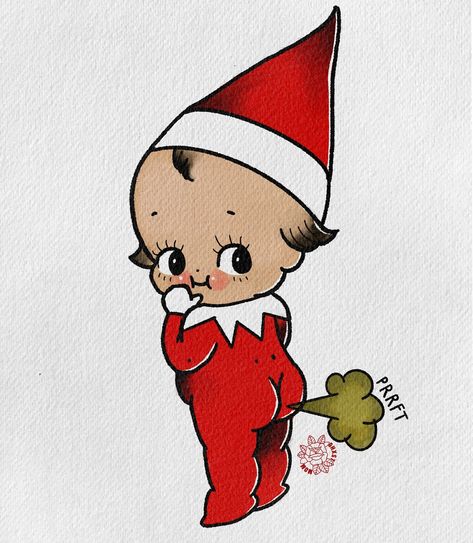 Cheeky little thing • • #christmas #elfontheshelf #kewpie #fart #cheeky Creepy Christmas Tattoo Flash, Cute Holiday Drawings, American Traditional Christmas, Christmas Cartoon Drawings, Christmas Cute Drawing, Christmas Kewpie, Drawings For Christmas, Christmas Tattoo Flash, Kewpie Christmas