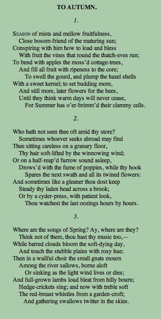 John Keats' poetry is a very prime example of romanticism, with one of his most notable works being "To Autumn" To Autumn John Keats, Keats Poetry, Keats Quotes, Keats Poems, Autumn Poetry, English Poetry, John Keats, To Autumn, English Literature