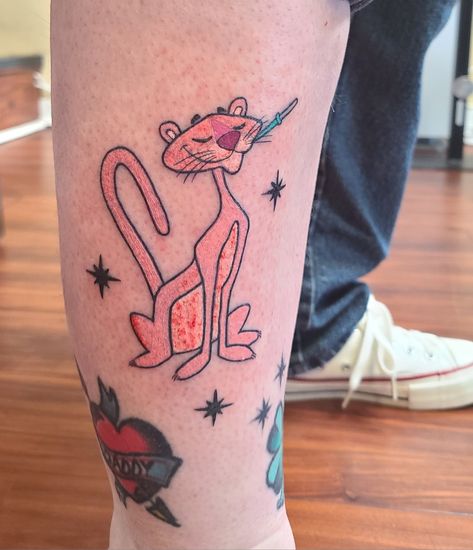 Pink Panther Tattoo, Mark Tattoo, Panther Tattoo, Angel Wings Tattoo, Doll Aesthetic, Wings Tattoo, Pink Panthers, Cartoon Tattoos, White Tattoo