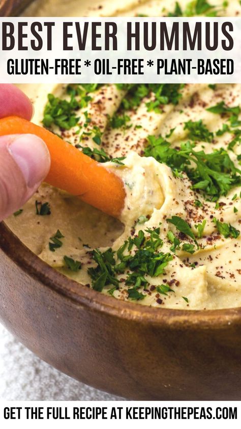 This best ever hummus recipe has the creamiest texture without the need for any oil! It’s naturally vegan and whole food plant-based making it a healthy snack or spread you can make at home in less than 10 minutes! Whole Food Plant Based Dressing Recipes, Whole Food Plant Based Chickpea Recipes, Oil Free Hummus Vegan No Tahini, Quick And Easy Whole Food Plant Based Recipes, Fat Free Hummus Recipe, Oil Free Hummus Vegan, No Oil Hummus, Raw Vegan Hummus, No Oil Hummus Recipe