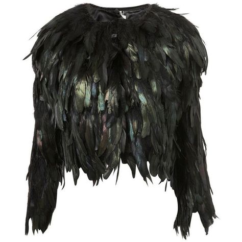 Topshop Black Feather Jacket ❤ liked on Polyvore featuring topshop Vaca Outfits, Feather Cape, Feather Coat, Glitter Fashion, Feather Jacket, Feather Tops, Bolero Jacket, Evil Queen, Black Feathers