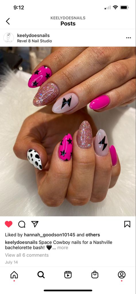 Hair Stylist Nails, Cute Valentines Nail Ideas, Punk Rock Nails Designs, Nfr Nails Designs, Square Trendy Nails, Rock Concert Nail Ideas, Rock Concert Nails, Vegas Inspired Nails, Disco Nails Designs