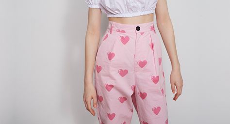 Pink Heart Pants, Lovecore Pants, Pants Painting, Lovecore Fashion, Heart Pants, Cute Diy Projects, Clothes Pants, Pink Things, Lazy Oaf