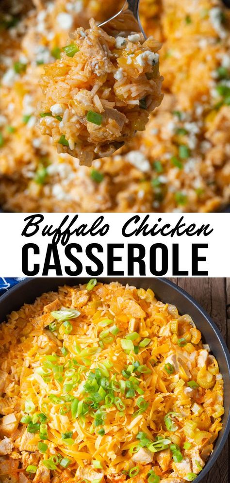 One-Pan Buffalo Chicken Casserole – A zesty skillet chicken recipe loaded with cheesy rice, buffalo sauce, and blue cheese! Meal Prep Ideas Buffalo Chicken, One Pan Cheesy Buffalo Chicken Rice, Buffalo Rice Bowl, One Pan Buffalo Chicken And Rice, Buffalo Casserole Recipes, Rotisserie Buffalo Chicken Recipes, Buffalo Chicken Hotdish, Buffalo Rice Recipe, Buffalo Chicken Blue Cheese Casserole