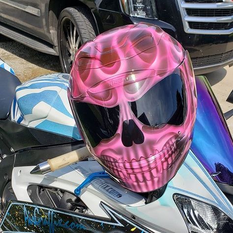 Cool Bike Helmets, Pink Motorcycle, Skull Helmet, Biker Helmets, Flaming Skull, Cool Motorcycle Helmets, Custom Motorcycle Helmets, Motorcycle Aesthetic, Cool Car Accessories