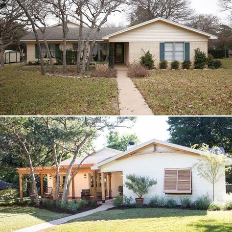 exterior home makeover before and after ranch style modern rustic wood bahama shutters pergola Ranch Style Homes Exterior, Exterior Home Makeover, Renovation Facade, Ranch House Remodel, Ranch House Exterior, House Makeovers, House Before And After, Exterior House Remodel, Ranch Remodel