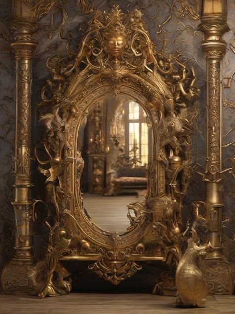 Add a touch of fairytale allure to your space with golden mirror design. Let the intricate details and gilded accents create a storybook atmosphere that captivates every gaze. 📖👑🪞 #fairytalehome #goldendetails #storybookdecor #mirrorart #pinterestinspiration Fairy Tale Home, Huge Mirror, Golden Mirror, Gilded Mirror, Venetian Masks, Mirror Design, Functional Furniture, Mirror Art, Mirror Designs